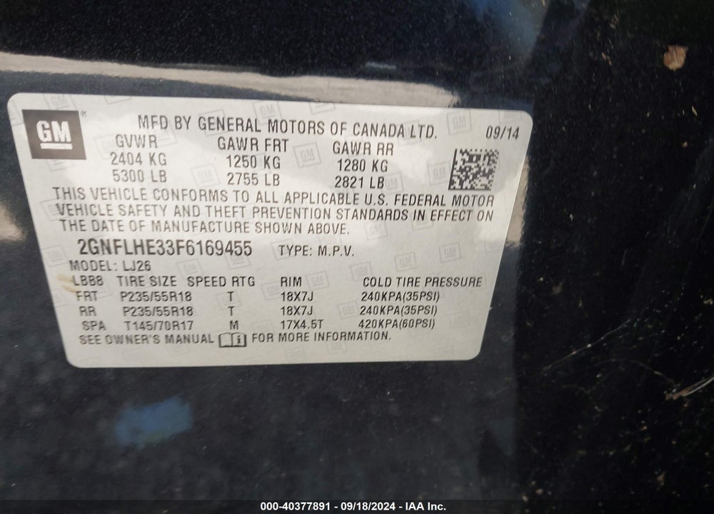 2015 CHEVROLET EQUINOX LTZ VIN: 2GNFLHE33F6169455