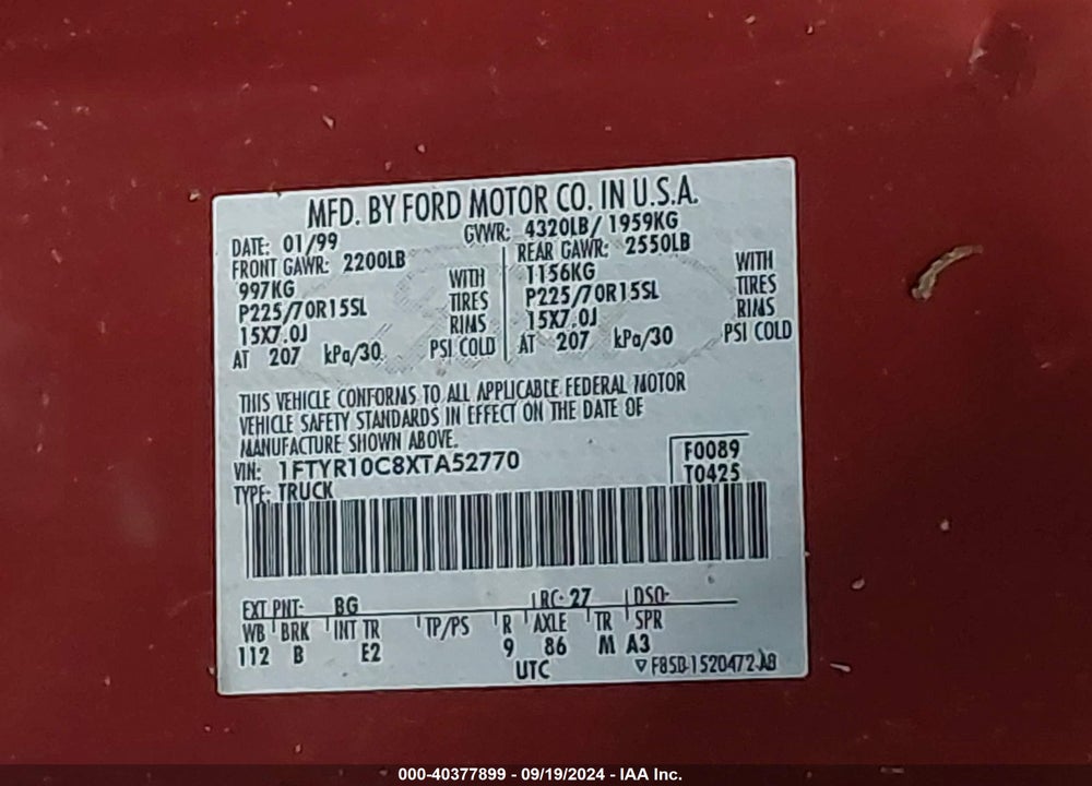 1999 FORD RANGER XL/XLT VIN: 1FTYR10C8XTA52770