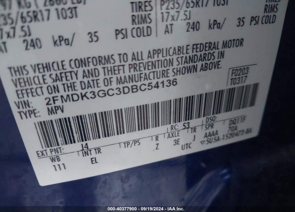 2013 FORD EDGE SE VIN: 2FMDK3GC3DBC54136