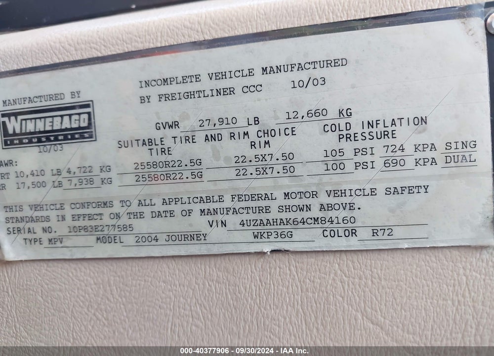 2004 FREIGHTLINER CHASSIS VIN: 4UZAAHAK64CM84160