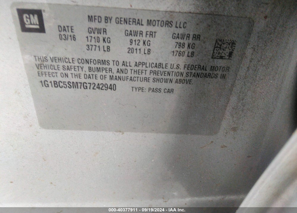 2016 CHEVROLET CRUZE LS AUTO VIN: 1G1BC5SM7G7242940