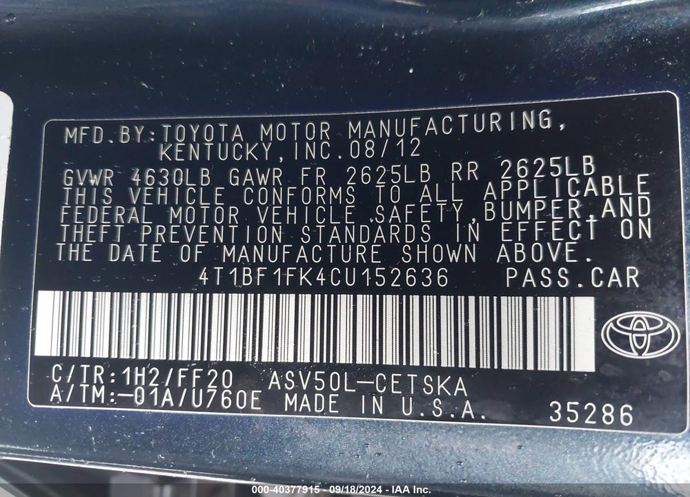 2012 TOYOTA CAMRY SE VIN: 4T1BF1FK4CU152636