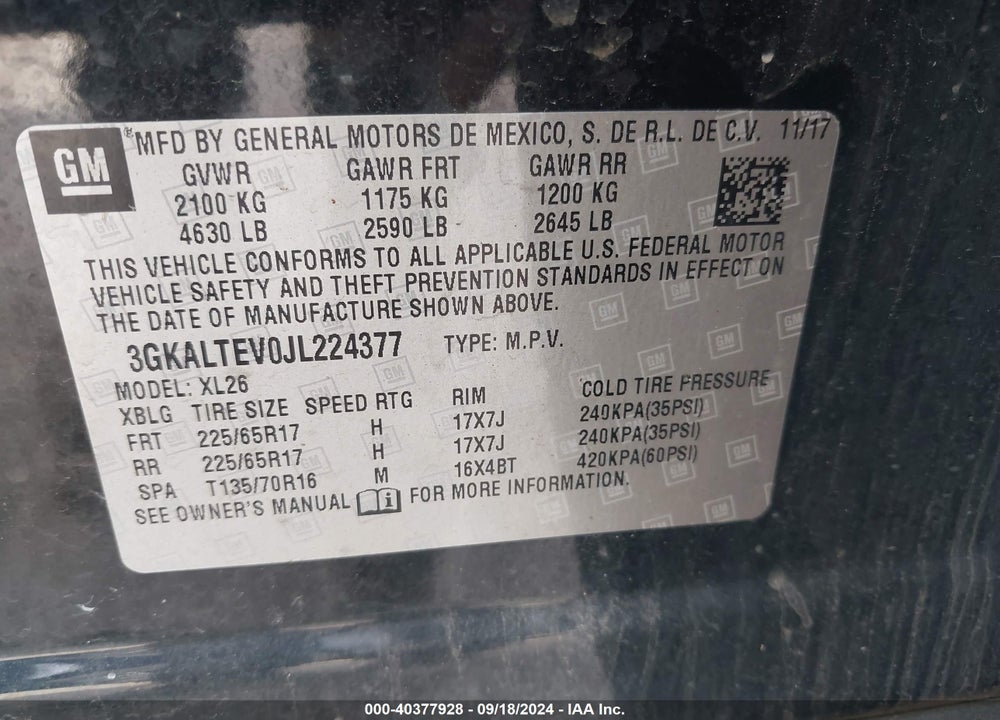 2018 GMC TERRAIN SLE VIN: 3GKALTEV0JL224377