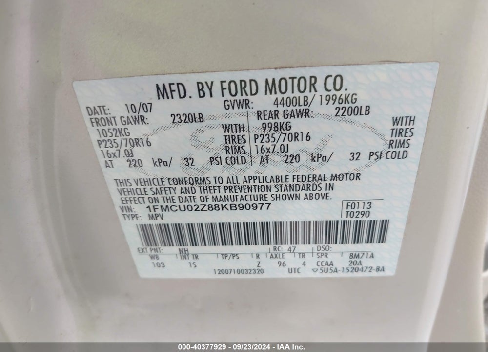 2008 FORD ESCAPE XLS/XLS MANUAL VIN: 1FMCU02Z88KB90977