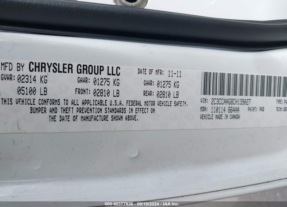 2012 CHRYSLER 300 VIN: 2C3CCAAG8CH139027