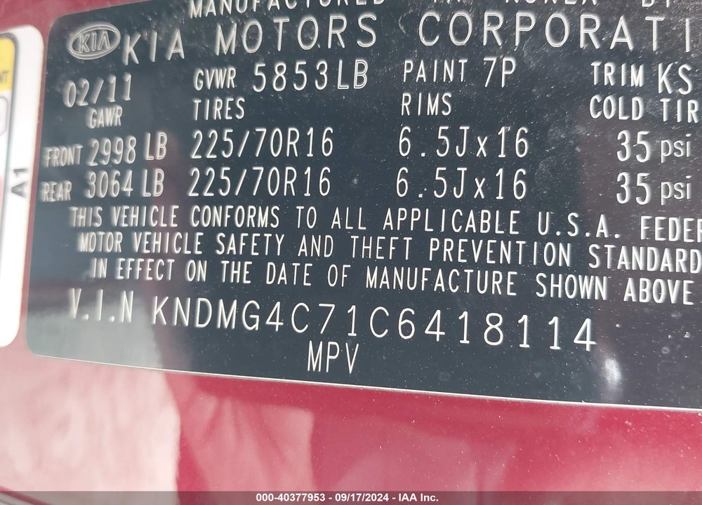 2012 KIA SEDONA LX VIN: KNDMG4C71C6418114