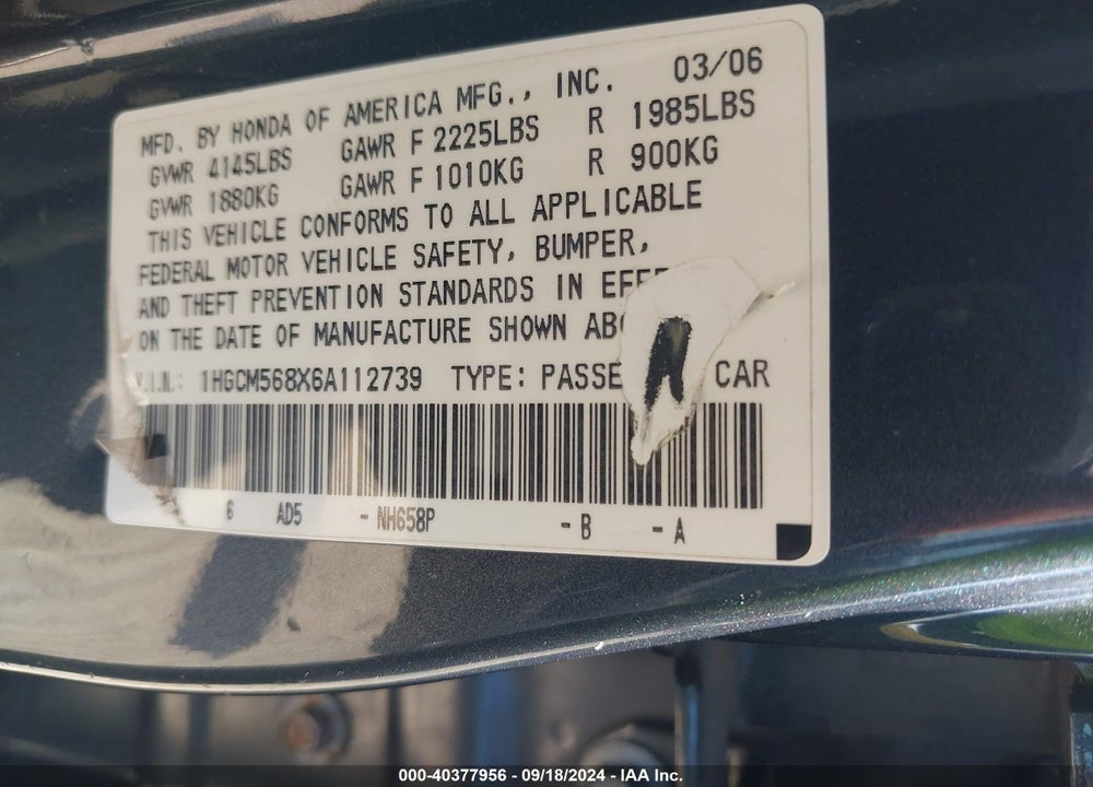 2006 HONDA ACCORD 2.4 EX VIN: 1HGCM568X6A112739
