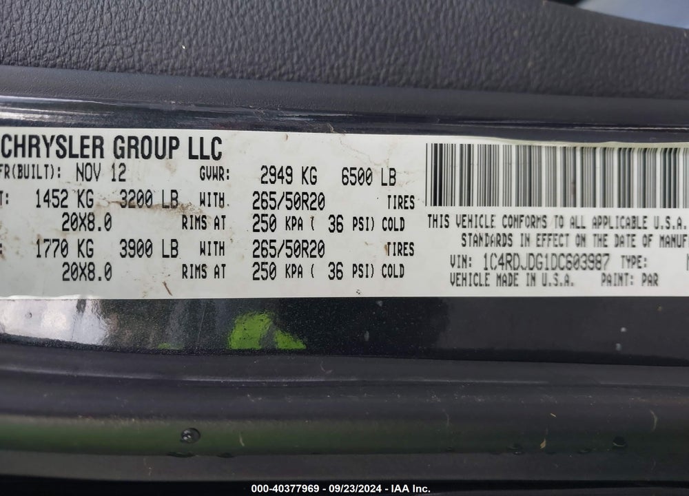 2013 DODGE DURANGO CREW VIN: 1C4RDJDG1DC603987