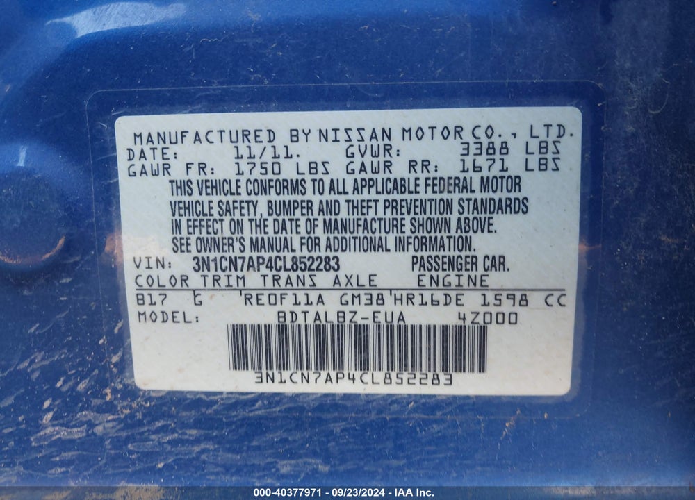 2012 NISSAN VERSA 1.6 SV VIN: 3N1CN7AP4CL852283