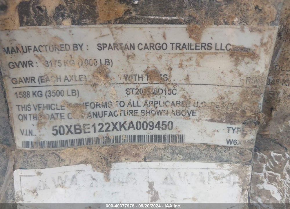 2019 SPARTAN CARGO VIN: 50XBE122XKA009450