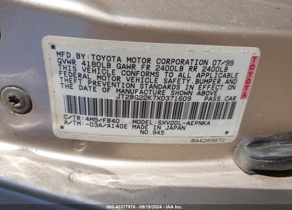 1999 TOYOTA CAMRY LE VIN: JT2BG22K7X0371609