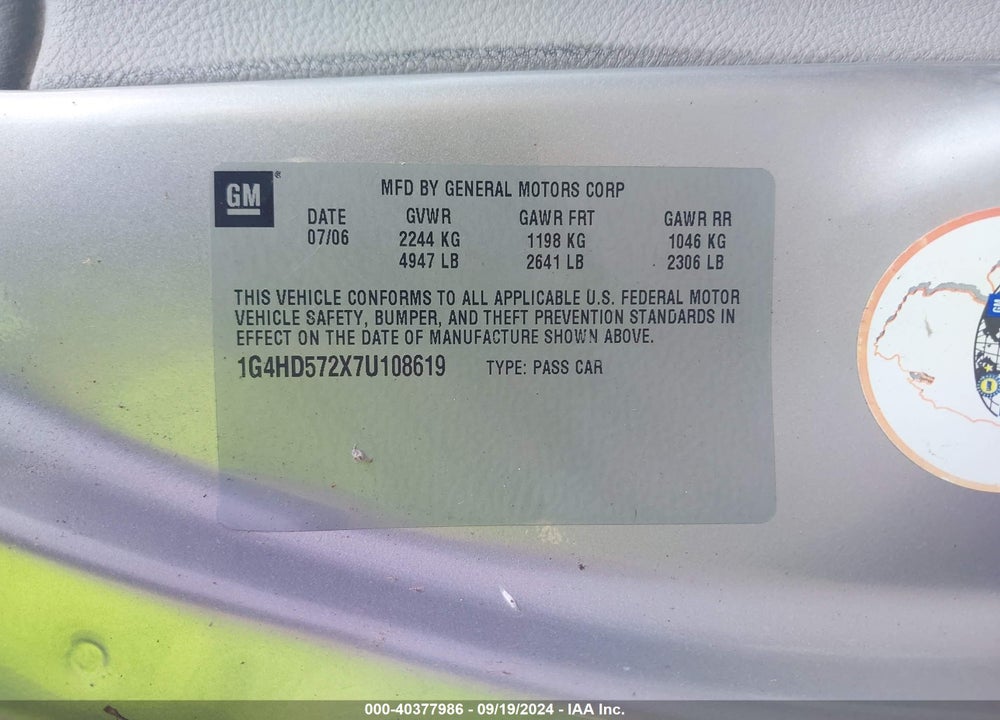 2007 BUICK LUCERNE CXL VIN: 1G4HD572X7U108619