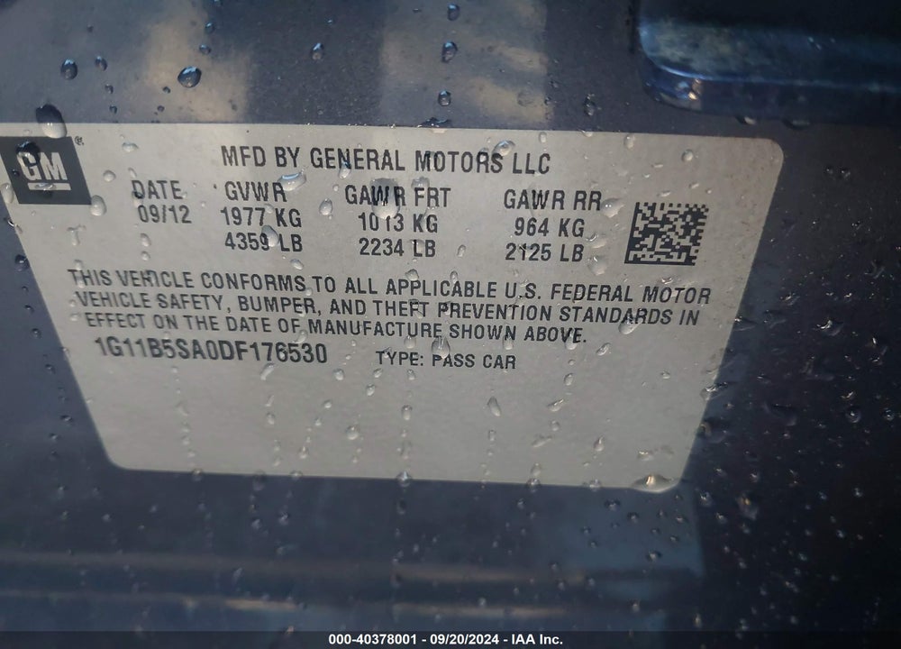 2013 CHEVROLET MALIBU 1LS VIN: 1G11B5SA0DF176530