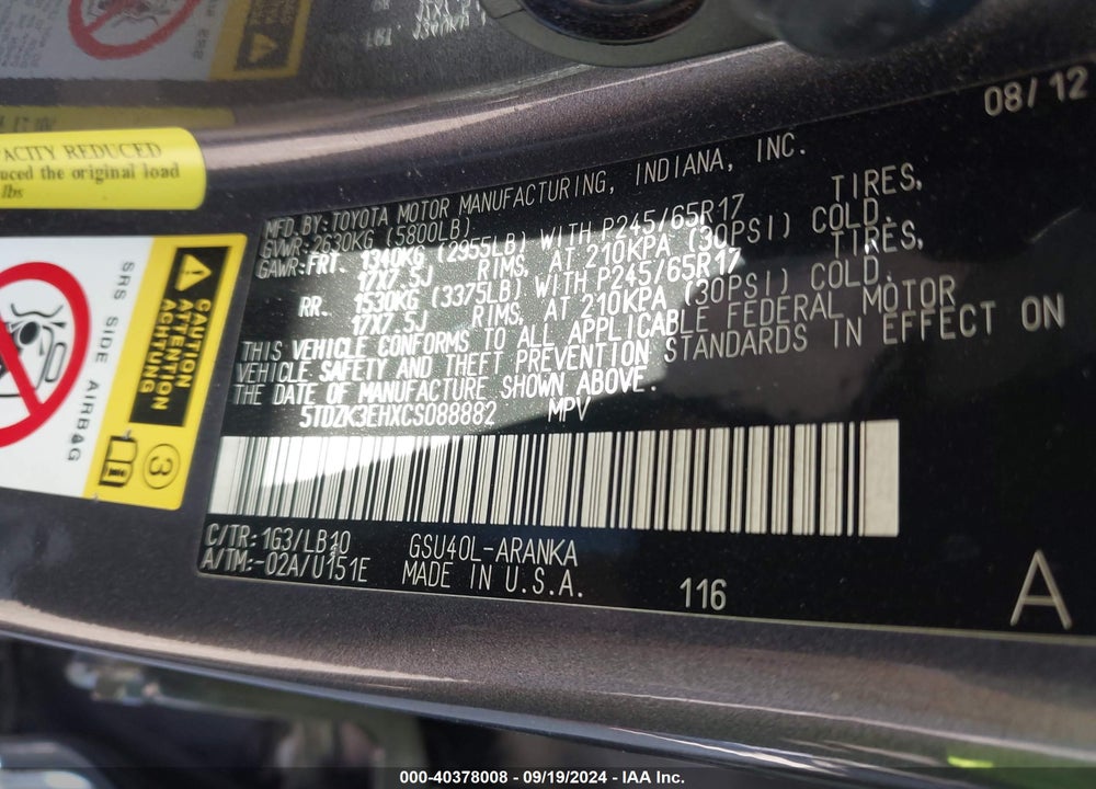 2012 TOYOTA HIGHLANDER SE V6 VIN: 5TDZK3EHXCS088882