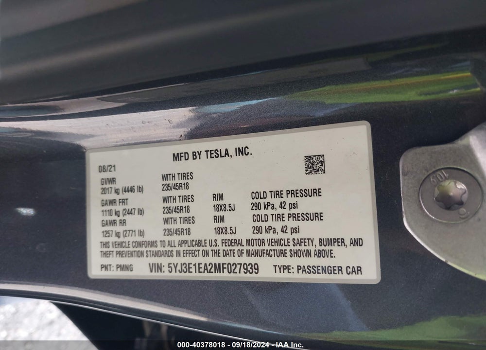 2021 TESLA MODEL 3 STANDARD RANGE PLUS REAR-WHEEL DRIVE VIN: 5YJ3E1EA2MF027939