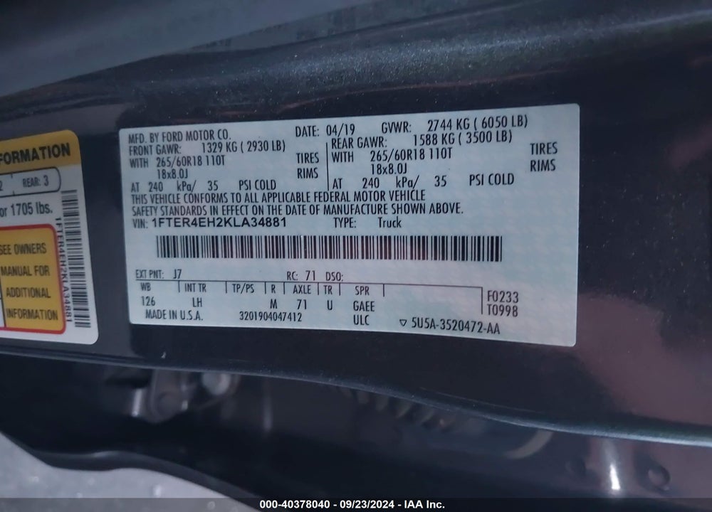2019 FORD RANGER XLT VIN: 1FTER4EH2KLA34881