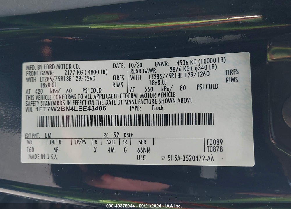 2020 FORD F-250 LARIAT VIN: 1FT7W2BN4LEE43406