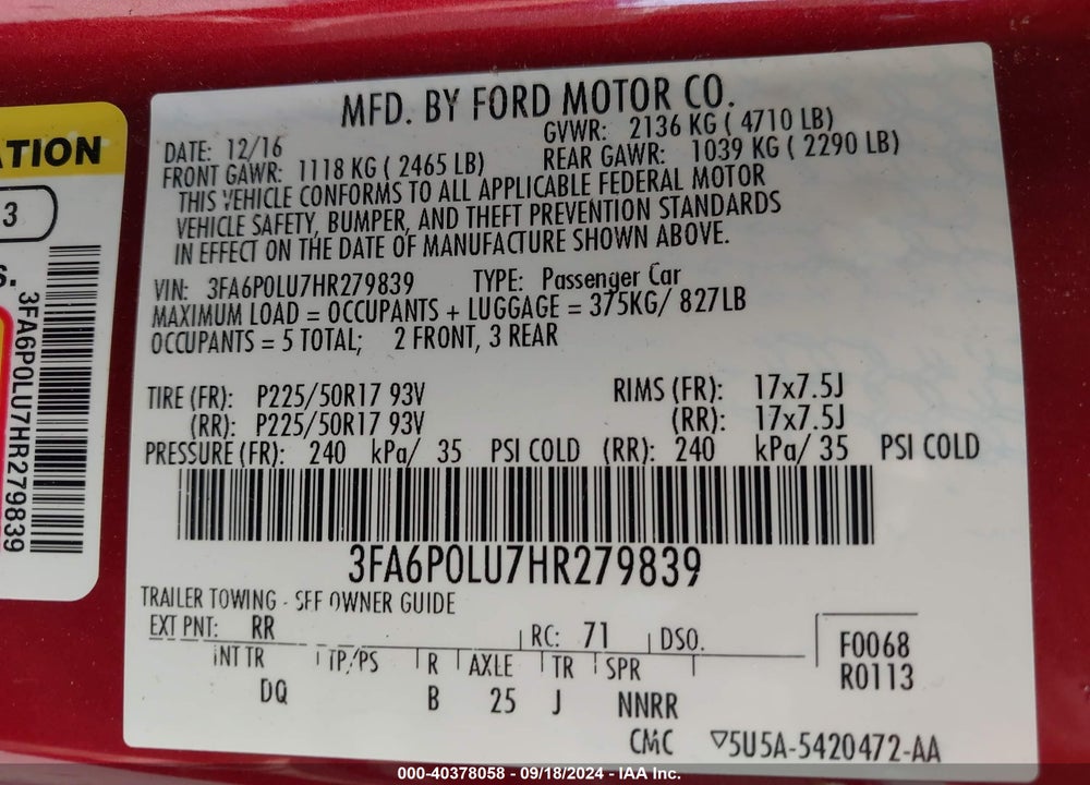 2017 FORD FUSION HYBRID SE VIN: 3FA6P0LU7HR279839