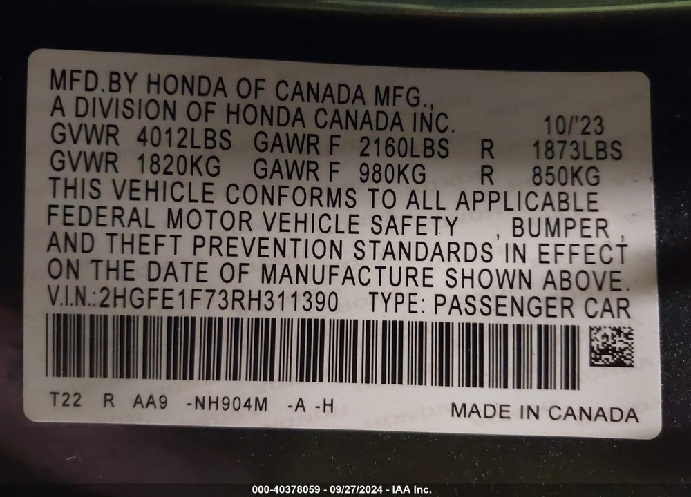 2024 HONDA CIVIC EX VIN: 2HGFE1F73RH311390