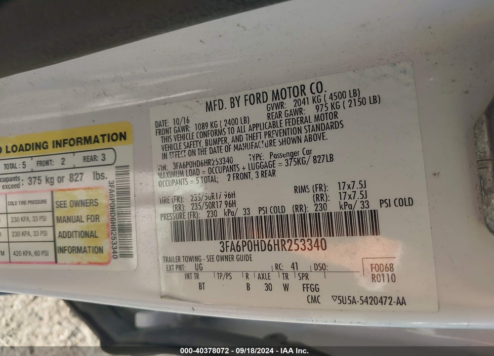 2017 FORD FUSION SE VIN: 3FA6P0HD6HR253340