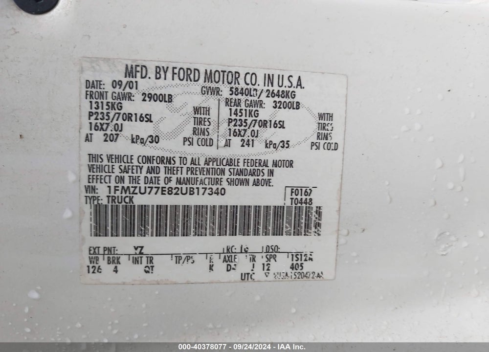 2002 FORD EXPLORER SPORT TRAC VIN: 1FMZU77E82UB17340