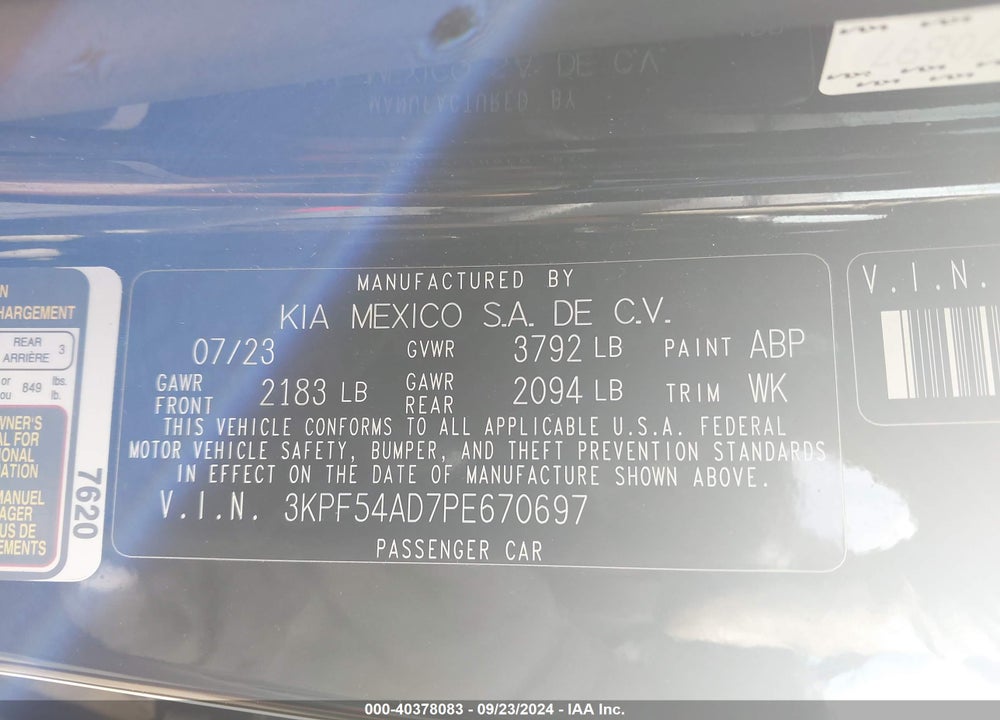 2023 KIA FORTE GT LINE VIN: 3KPF54AD7PE670697