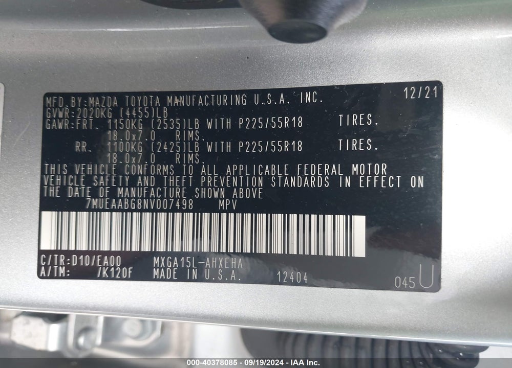 2022 TOYOTA COROLLA CROSS XLE VIN: 7MUEAABG8NV007498