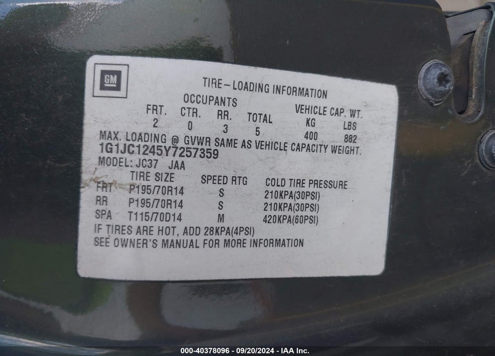 2000 CHEVROLET CAVALIER VIN: 1G1JC1245Y7257359