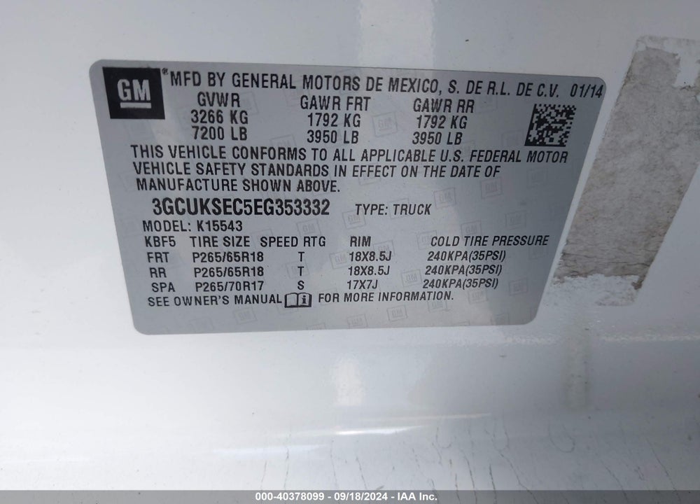 2014 CHEVROLET SILVERADO 1500 2LZ VIN: 3GCUKSEC5EG353332