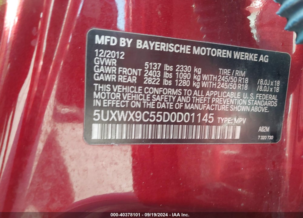 2013 BMW X3 XDRIVE28I VIN: 5UXWX9C55D0D01145