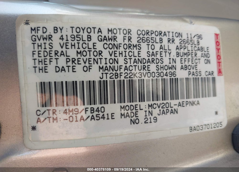 1997 TOYOTA CAMRY LE V6 VIN: JT2BF22K3V0030496