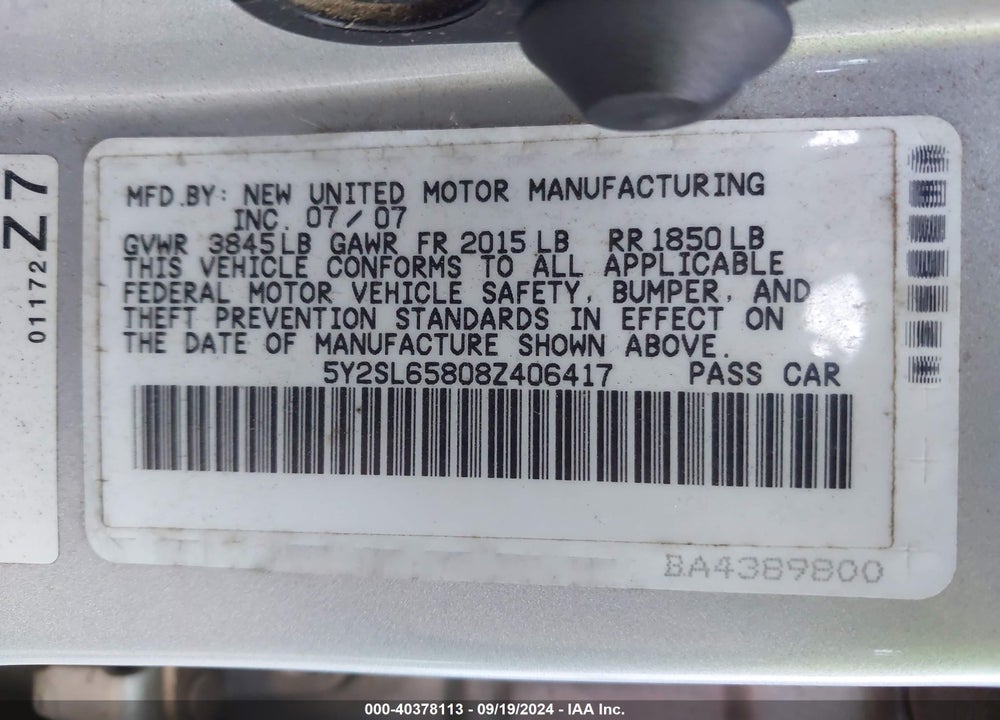 2008 PONTIAC VIBE VIN: 5Y2SL65808Z406417