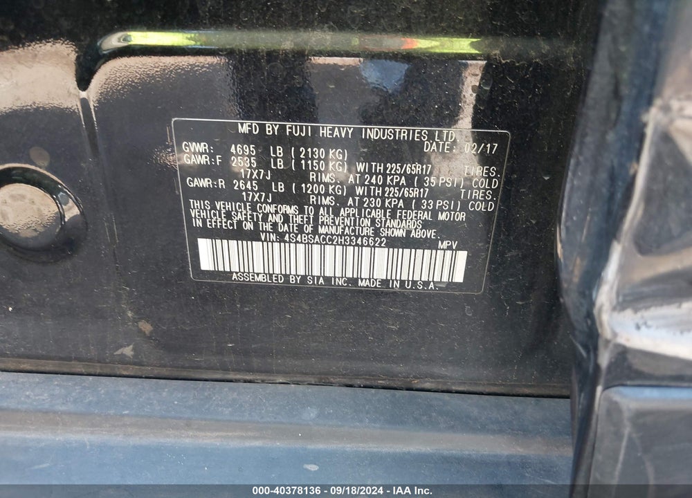 2017 SUBARU OUTBACK 2.5I PREMIUM VIN: 4S4BSACC2H3346622