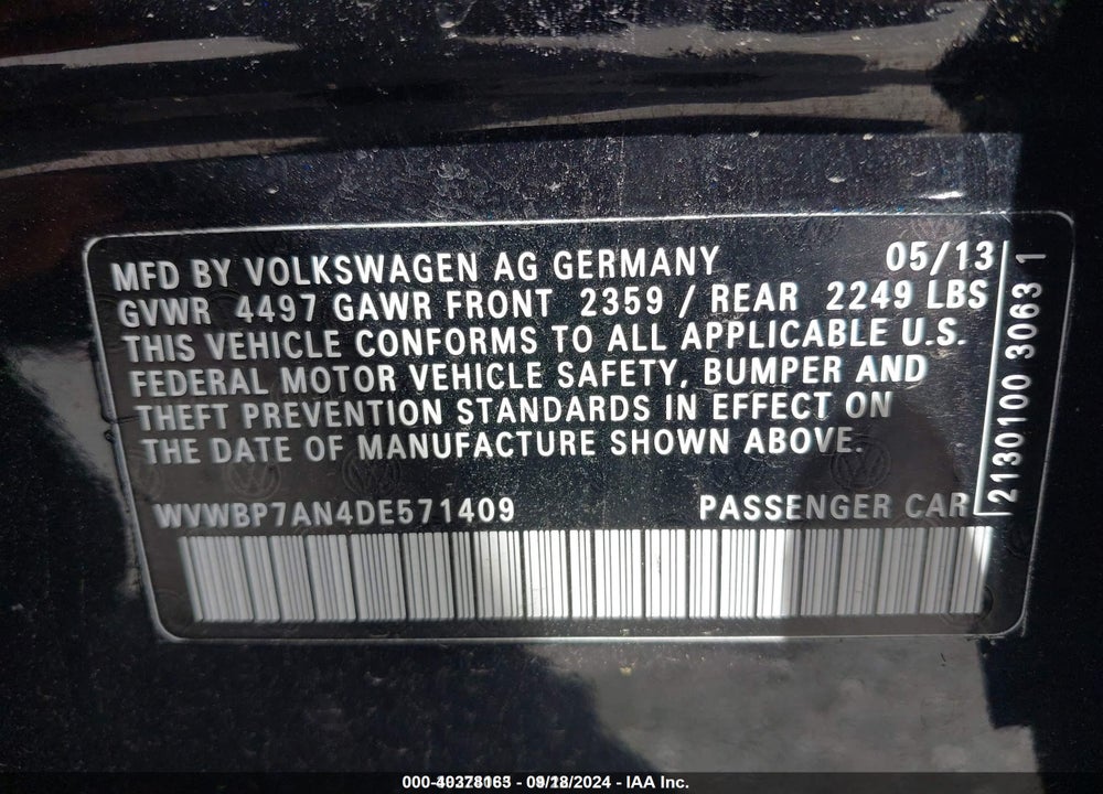 2013 VOLKSWAGEN CC VIN: WVWBP7AN4DE571409