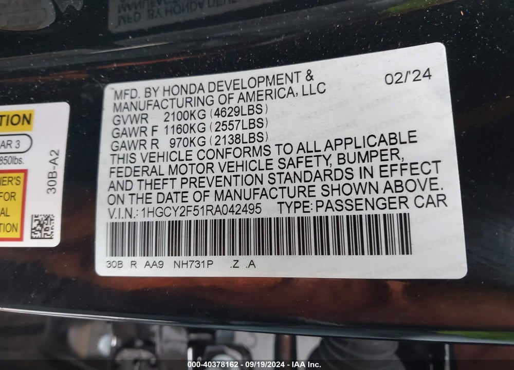 2024 HONDA ACCORD HYBRID SPORT VIN: 1HGCY2F51RA042495
