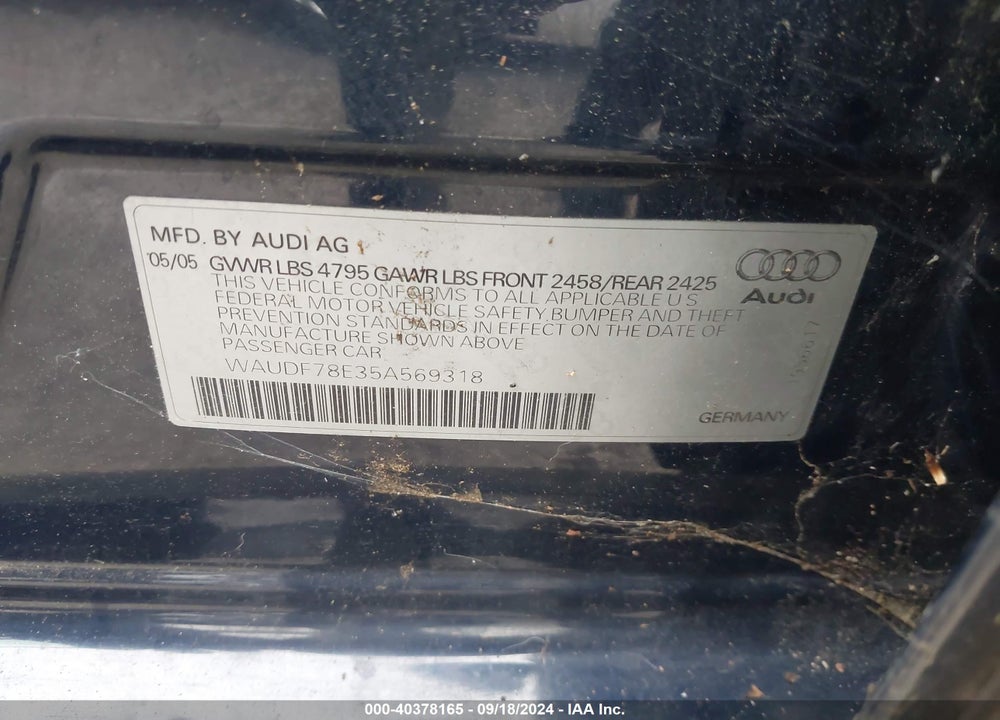 2005 AUDI A4 2.0T VIN: WAUDF78E35A569318