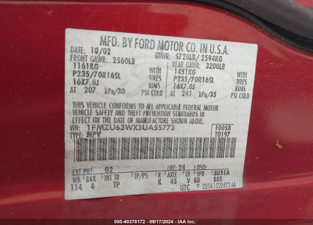 2003 FORD EXPLORER NBX/XLT VIN: 1FMZU63WX3UA55773