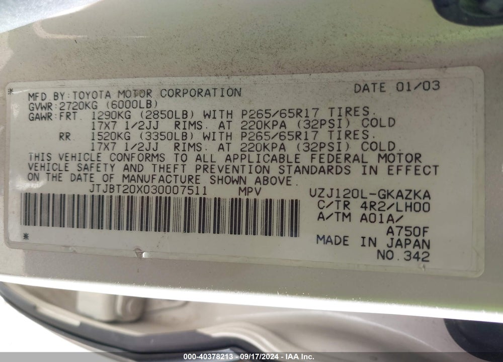 2003 LEXUS GX 470 VIN: JTJBT20X030007511