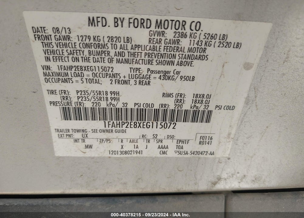 2014 FORD TAURUS SEL VIN: 1FAHP2E8XEG115072
