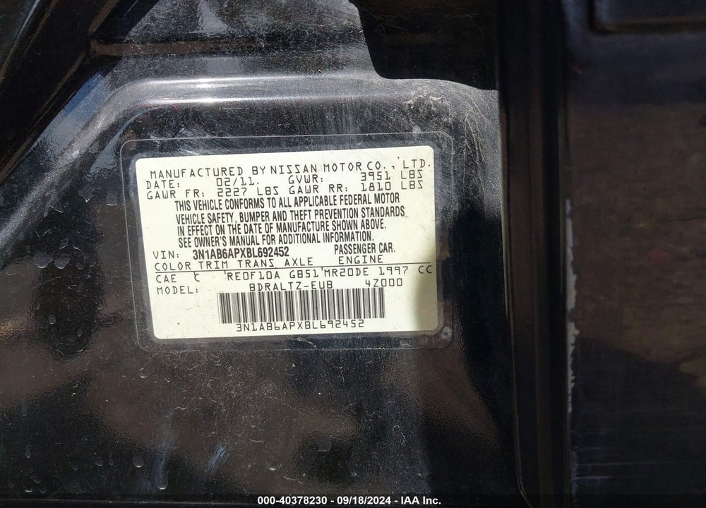 2011 NISSAN SENTRA 2.0S VIN: 3N1AB6APXBL692452