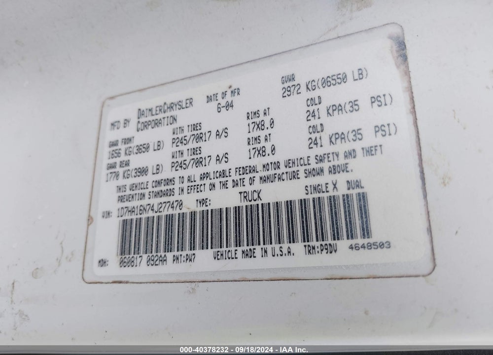 2004 DODGE RAM 1500 ST VIN: 1D7HA16N74J277470