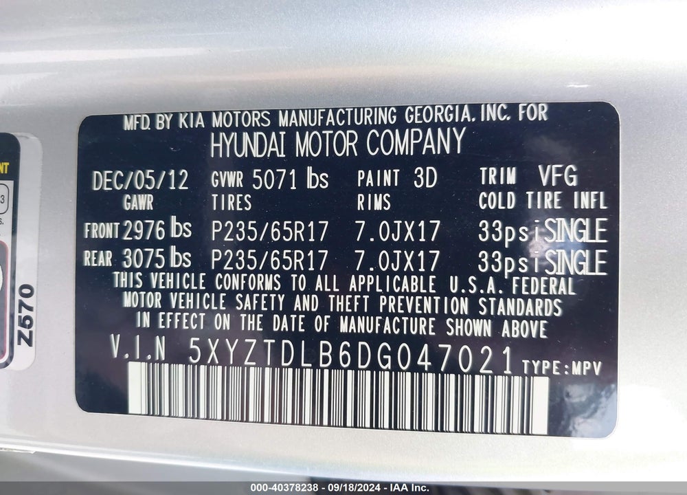 2013 HYUNDAI SANTA FE SPORT VIN: 5XYZTDLB6DG047021