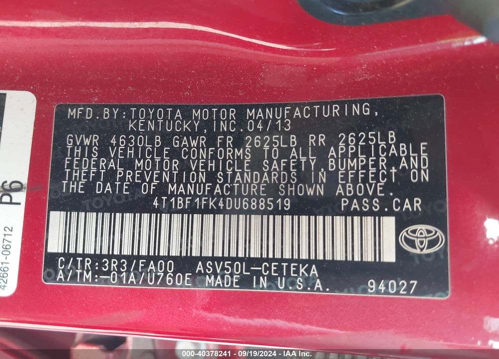 2013 TOYOTA CAMRY L VIN: 4T1BF1FK4DU688519