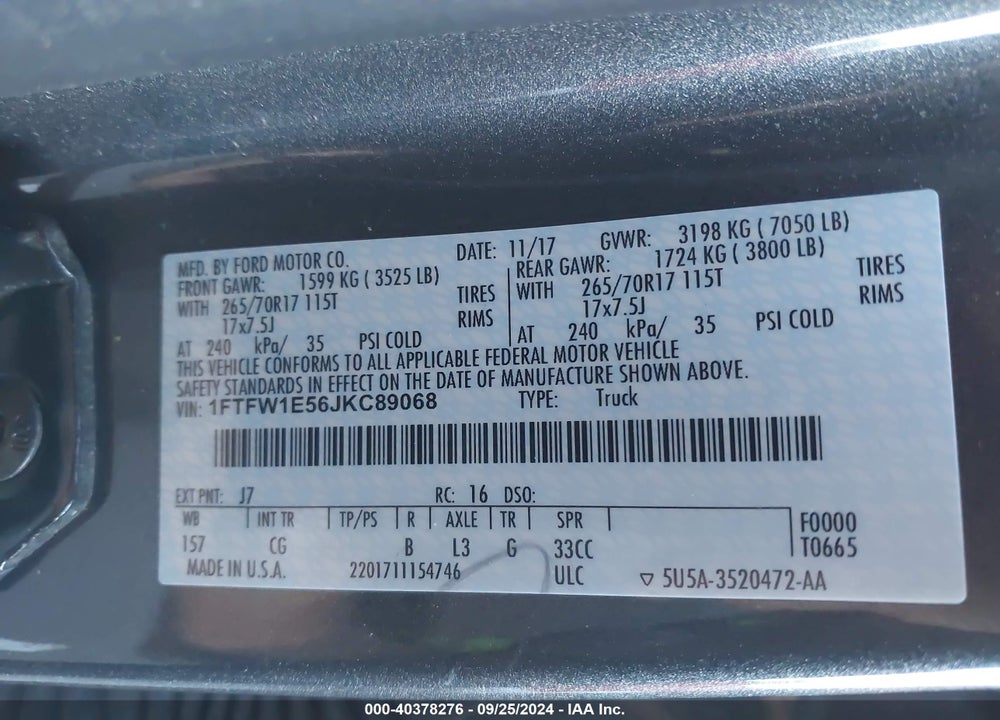 2018 FORD F-150 XL VIN: 1FTFW1E56JKC89068