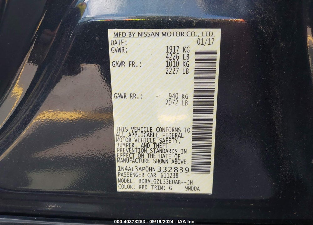 2017 NISSAN ALTIMA 2.5 S VIN: 1N4AL3AP0HN332839