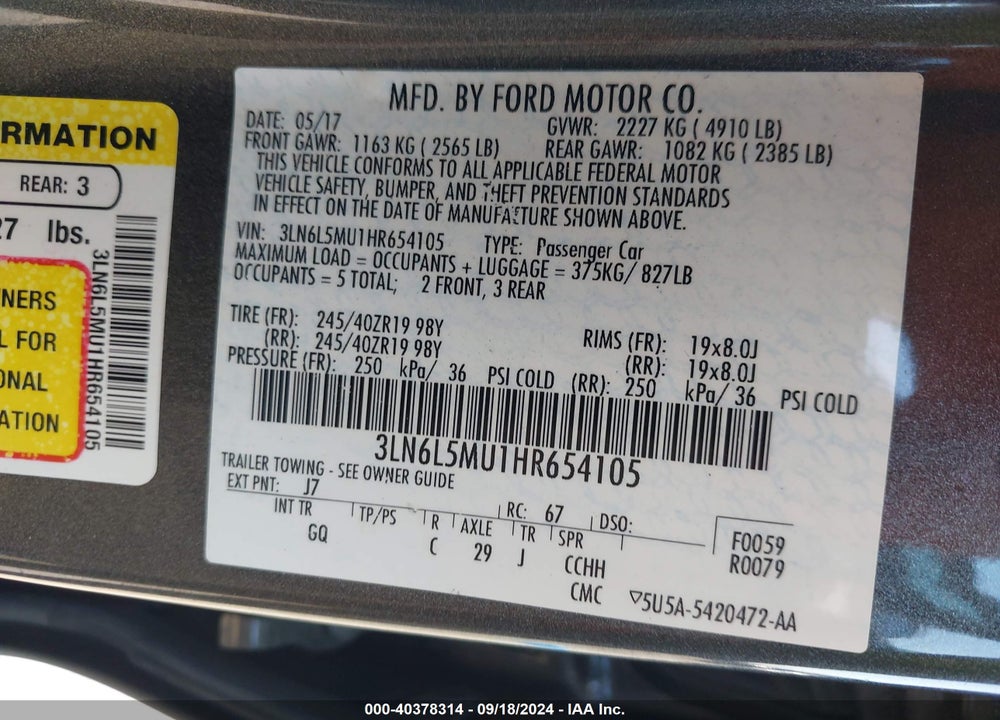 2017 LINCOLN MKZ HYBRID RESERVE VIN: 3LN6L5MU1HR654105