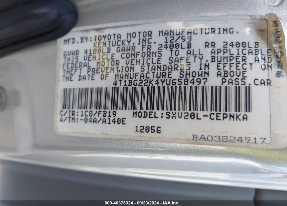 2000 TOYOTA CAMRY LE VIN: 4T1BG22K4YU658497