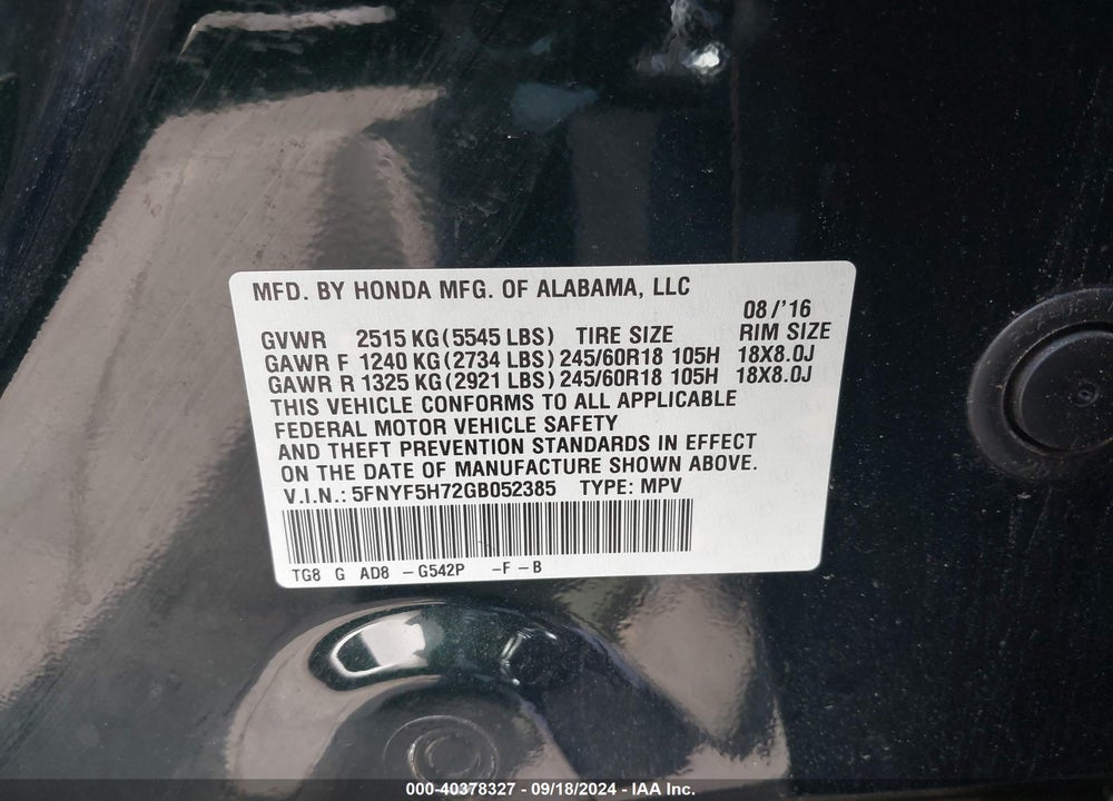 2016 HONDA PILOT EX-L VIN: 5FNYF5H72GB052385