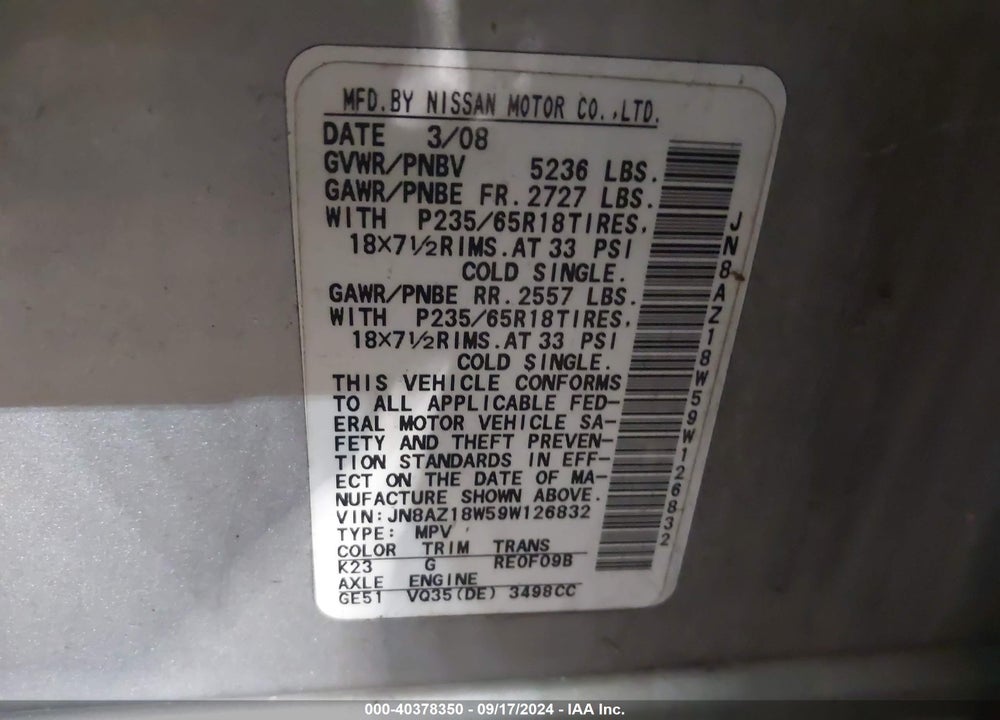 2009 NISSAN MURANO SL VIN: JN8AZ18W59W126832