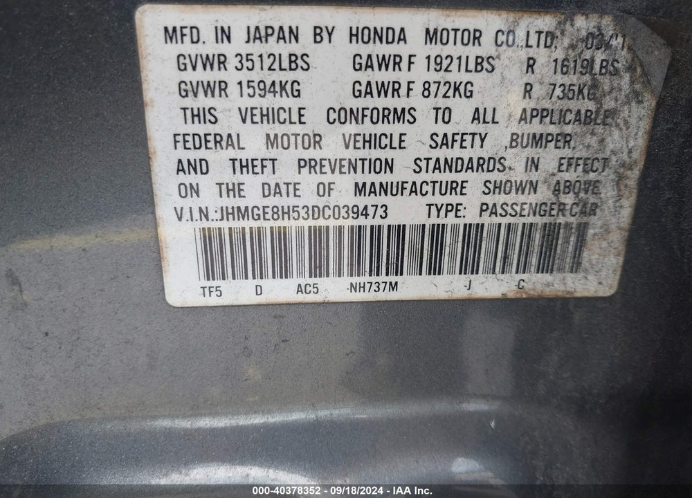 2013 HONDA FIT SPORT VIN: JHMGE8H53DC039473
